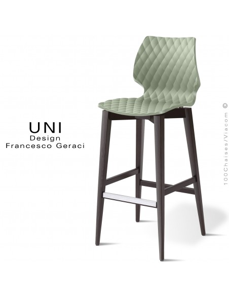 Tabouret de bar en bois UNI, piétement teinté noir, assise coque plastique couleur vert pistache.