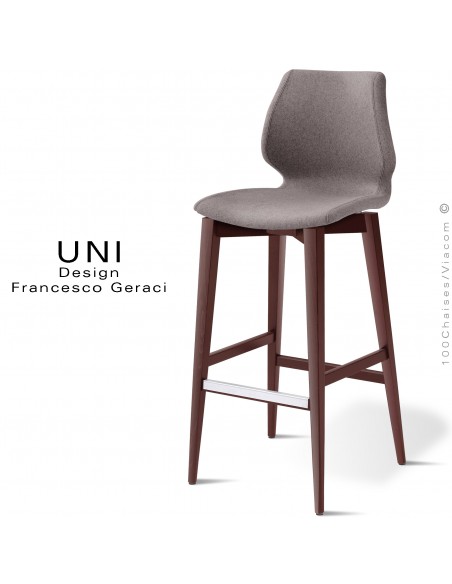 Tabouret de bar confort UNI, piétement bois teinté brun, assise et dossier garnis de mousse, habillage tissu couleur gris.