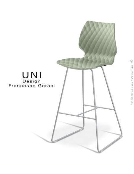 Tabouret design de bar UNI, piétement luge peint aluminium, assise coque plastique couleur vert pistache.