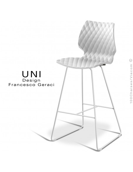 Tabouret design de bar UNI, piétement luge peint blanc, assise coque plastique couleur blanc.
