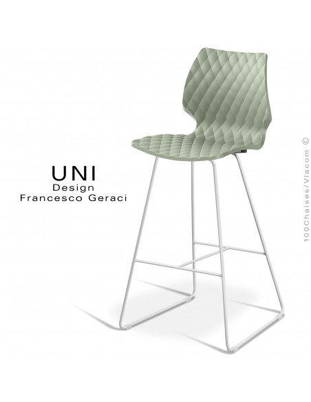 Tabouret design de bar UNI, piétement luge peint blanc, assise coque plastique couleur vert pistache.