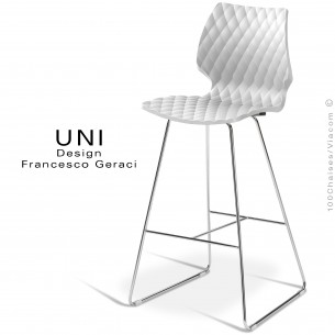 Tabouret design de bar UNI, piétement luge chromé brillant, assise coque plastique couleur blanc.