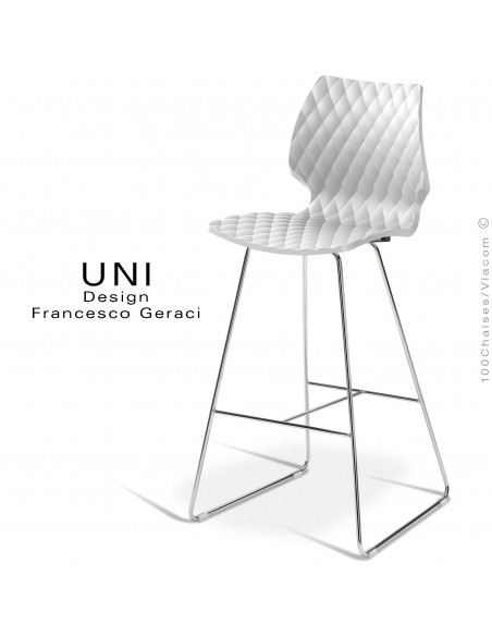 Tabouret design de bar UNI, piétement luge chromé brillant, assise coque plastique couleur blanc.