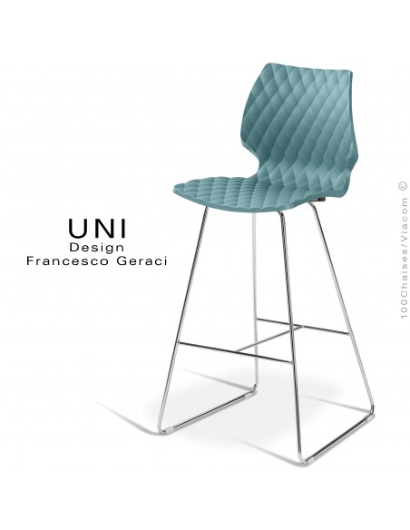 Tabouret design de bar UNI, piétement luge chromé brillant, assise coque plastique couleur bleu poudre.