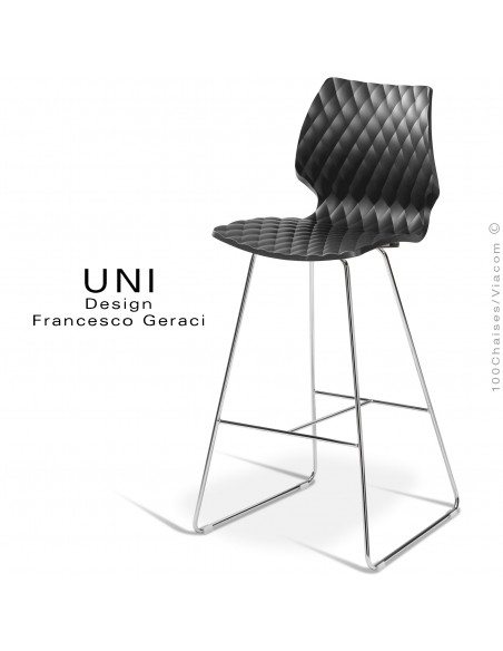 Tabouret design de bar UNI, piétement luge chromé brillant, assise coque plastique couleur noir.