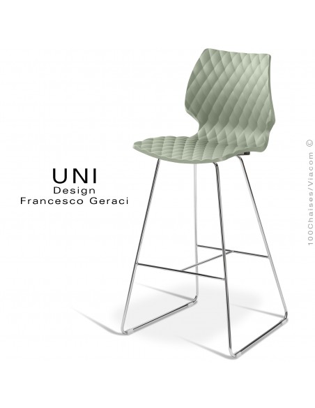Tabouret design de bar UNI, piétement luge chromé brillant, assise coque plastique couleur vert pistache.