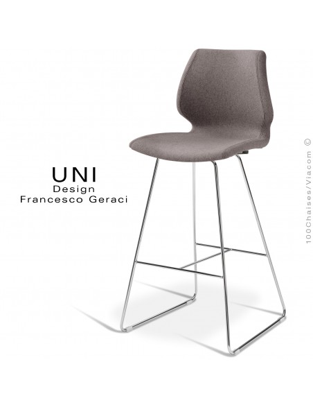 Tabouret UNI, piétement acier peint blanc, assise plastique effet matelassé, habillage tissu Medley couleur gris acier.