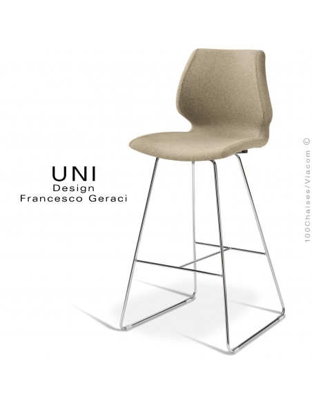 Tabouret UNI, piétement acier peint blanc, assise plastique effet matelassé, habillage tissu Medley couleur lin.