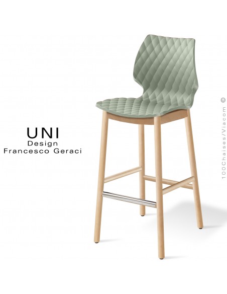 Tabouret de bar design UNI, piétement bois vernis châtaignier, assise coque plastique couleur vert pistache.