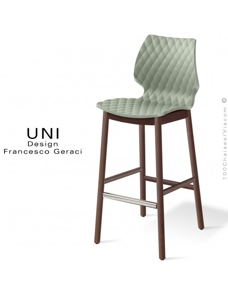 Tabouret de bar design UNI, piétement bois vernis brun, assise coque plastique couleur vert pistache.