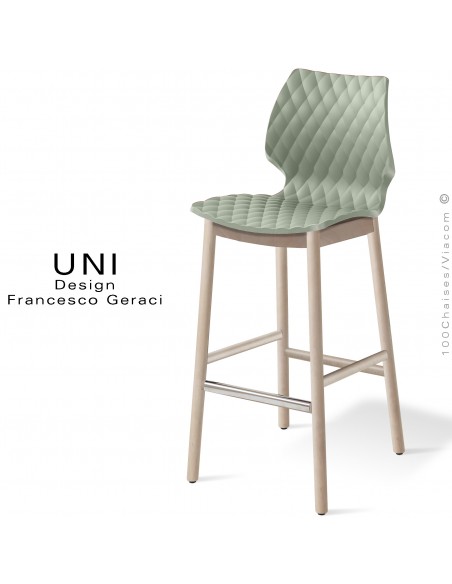 Tabouret de bar design UNI, piétement bois vernis gris, assise coque plastique couleur vert pistache.