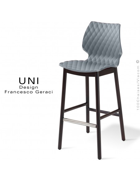 Tabouret de bar design UNI, piétement bois vernis wengé, assise coque plastique couleur gris petit gris.