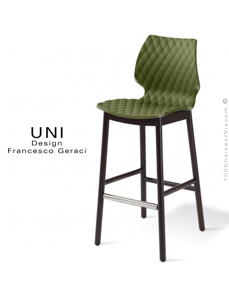 Tabouret de bar design UNI, piétement bois vernis wengé, assise coque plastique couleur vert olive.