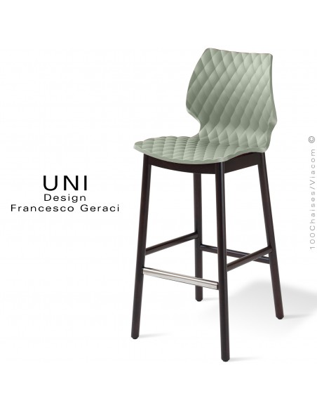 Tabouret de bar design UNI, piétement bois vernis wengé, assise coque plastique couleur vert pistache.