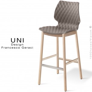 Tabouret de bar design UNI, piétement bois vernis miel, assise coque plastique couleur argile.