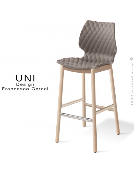 Tabouret de bar design UNI, piétement bois vernis miel, assise coque plastique couleur argile.