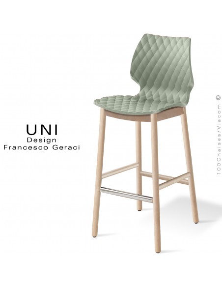 Tabouret de bar design UNI, piétement bois vernis miel, assise coque plastique couleur pistache.