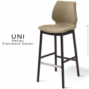 Tabouret de bar UNI, piétement bois de hêtre vernis wengé, assise mousse, habillage tissu couleur corde gamme Medley.