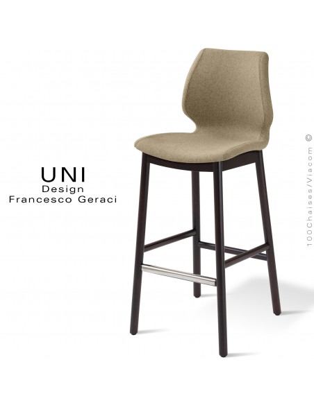 Tabouret de bar UNI, piétement bois de hêtre vernis wengé, assise mousse, habillage tissu couleur corde gamme Medley.