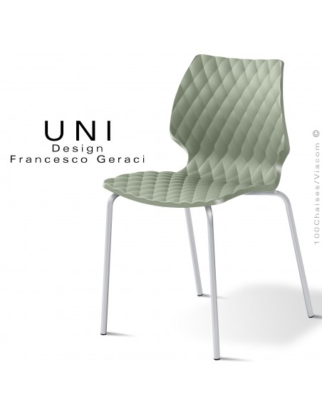 Chaise plagiste, CHR, empilable, piétement acier peint aluminium, assise coque effet matelassé, couleur vert pistache.
