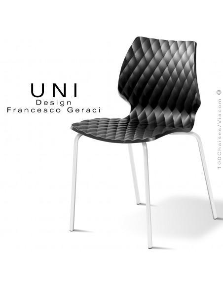 Chaise CHR, empilable, piétement acier peint blanc, assise coque plastique effet matelassé, couleur noir.