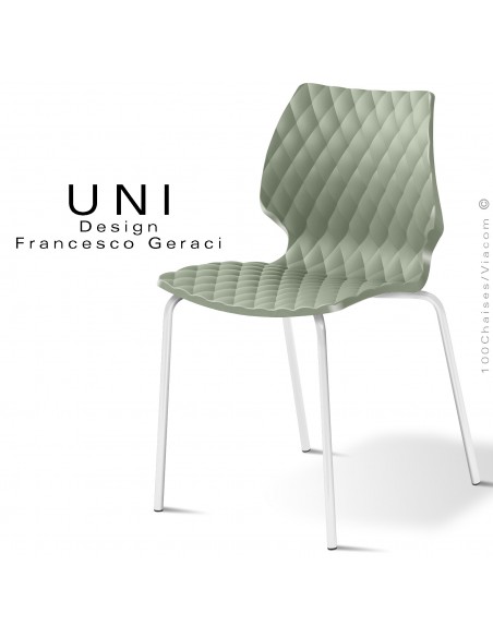 Chaise CHR, empilable, piétement acier peint blanc, assise coque plastique effet matelassé, couleur vert pistache.