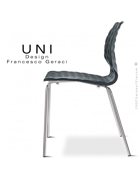 Chaise CHR, empilable, piétement acier chromé brillant, assise coque plastique effet matelassé, couleur anthracite.