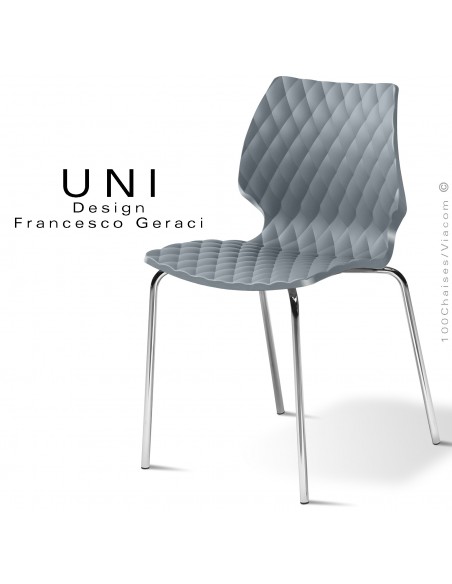 Chaise CHR, empilable, piétement acier chromé brillant, assise coque plastique effet matelassé, couleur gris petit gris.