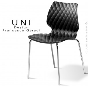Chaise CHR, empilable, piétement acier chromé brillant, assise coque plastique effet matelassé, couleur noir.