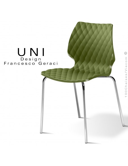 Chaise CHR, empilable, piétement acier chromé brillant, assise coque plastique effet matelassé, couleur vert olive.