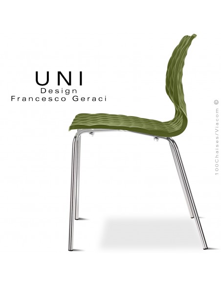 Chaise CHR, empilable, piétement acier chromé brillant, assise coque plastique effet matelassé, couleur vert olive.