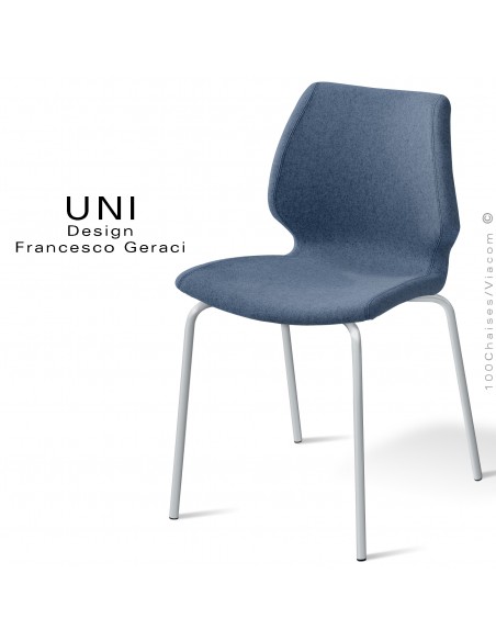 Chaise confort UNI, pour CHR, piétement 4 pieds peint blanc, assise et dossier habillage tissu couleur bleu foncé.