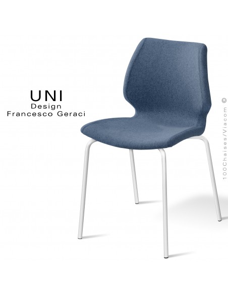 Chaise confort UNI, pour CHR, piétement 4 pieds peint blanc, assise et dossier habillage tissu couleur bleu foncé.