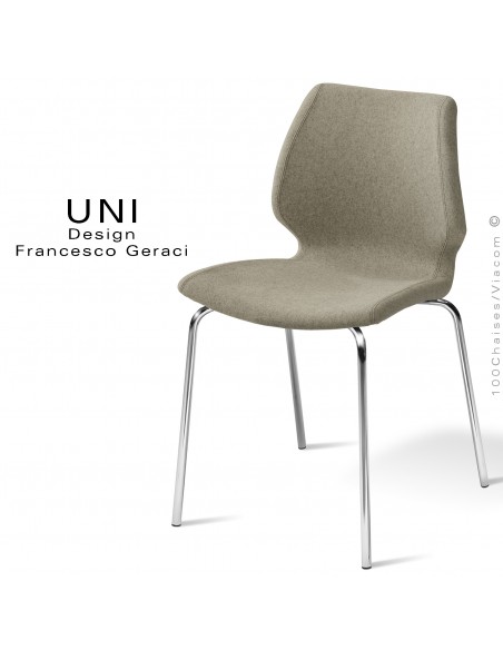 Chaise confort UNI, pour CHR, piétement 4 pieds chromé brillant, assise et dossier habillage tissu couleur argile.