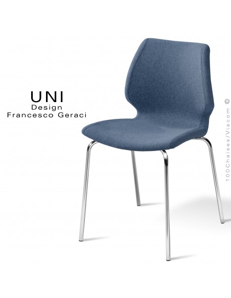 Chaise confort UNI, pour CHR, piétement 4 pieds chromé brillant, assise et dossier habillage tissu couleur bleu marine.