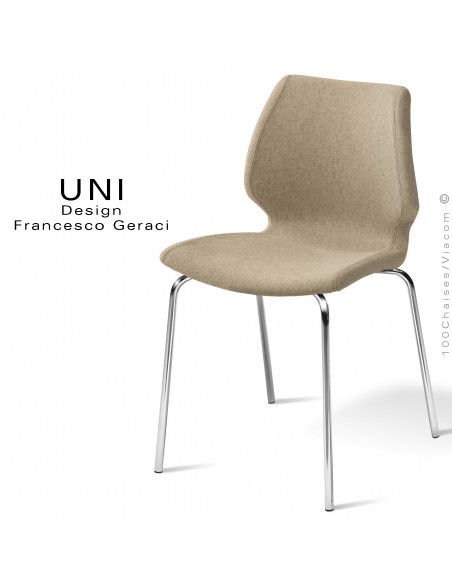 Chaise confort UNI, pour CHR, piétement 4 pieds chromé brillant, assise et dossier habillage tissu couleur corde.