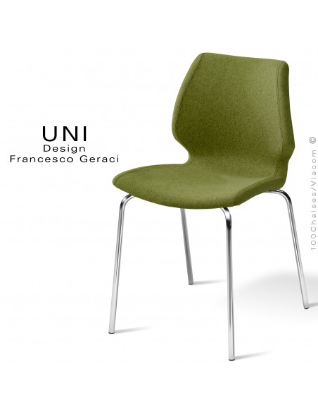 Chaise confort UNI, pour CHR, piétement 4 pieds chromé brillant, assise et dossier habillage tissu couleur vert kaki.