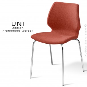 Chaise confort UNI, pour CHR, piétement 4 pieds chromé brillant, assise et dossier habillage tissu couleur rouille-orange.