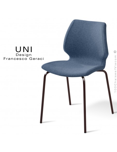 Chaise confort UNI, pour CHR, piétement 4 pieds peint noir, assise et dossier habillage tissu couleur bleu marine.