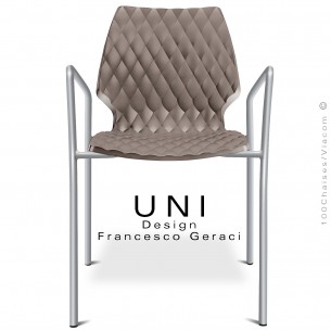 Fauteuil UNI, piétement finition peint aluminium, assise coque plastique couleur effet matelassé, couleur argile.