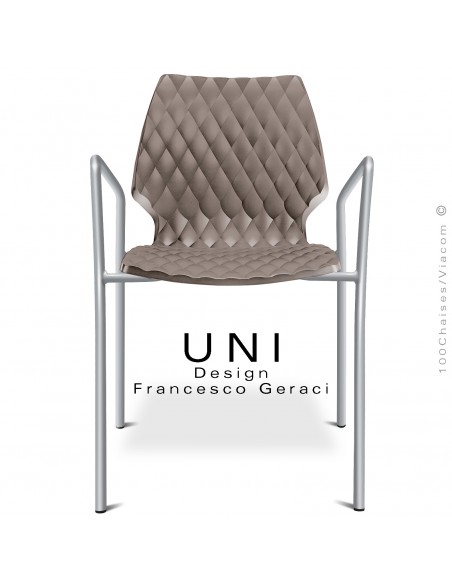 Fauteuil UNI, piétement finition peint aluminium, assise coque plastique couleur effet matelassé, couleur argile.