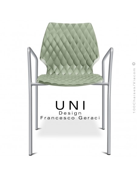 Fauteuil UNI, piétement finition peint aluminium, assise coque plastique couleur effet matelassé, couleur vert pistache.