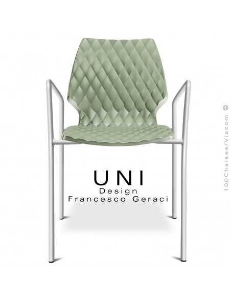 Fauteuil UNI, piétement finition peint blanc, assise coque plastique couleur effet matelassé, couleur vert pistache.