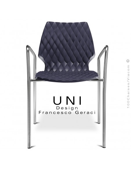 Fauteuil UNI, piétement finition chromé brillant, assise coque plastique couleur effet matelassé, couleur anthracite.