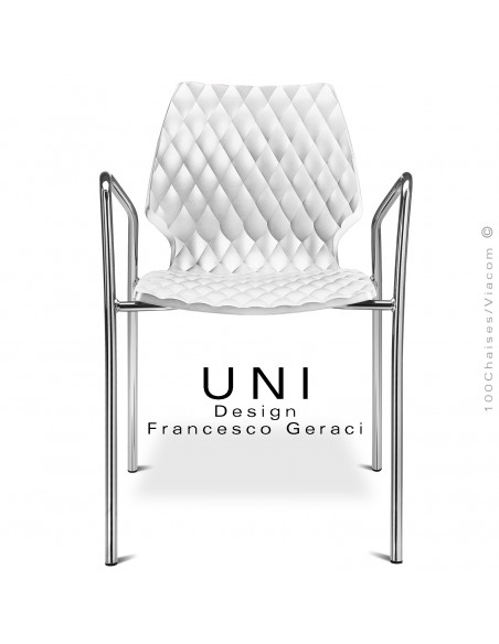 Fauteuil UNI, piétement finition chromé brillant, assise coque plastique couleur effet matelassé, couleur blanc.