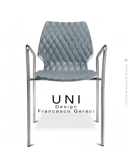 Fauteuil UNI, piétement finition chromé brillant, assise coque plastique couleur effet matelassé, couleur gris petit gris.