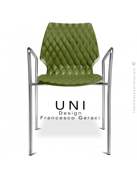 Fauteuil UNI, piétement finition chromé brillant, assise coque plastique couleur effet matelassé, couleur vert olive.