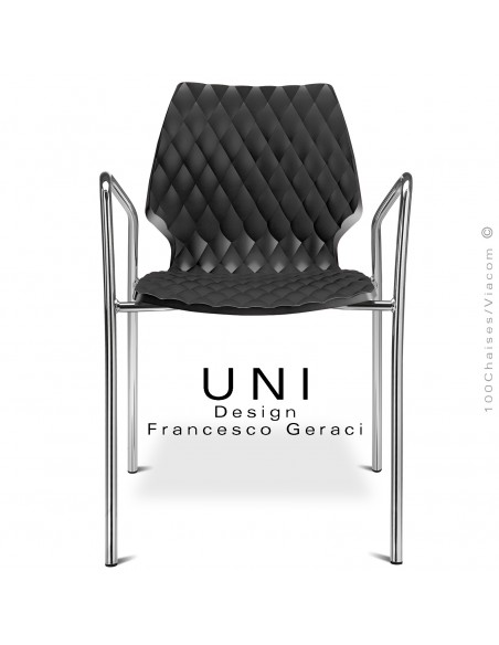 Fauteuil UNI, piétement finition chromé brillant, assise coque plastique couleur effet matelassé, couleur noir.