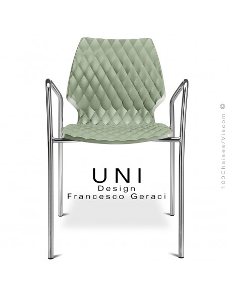 Fauteuil UNI, piétement finition chromé brillant, assise coque plastique couleur effet matelassé, couleur vert pistache.