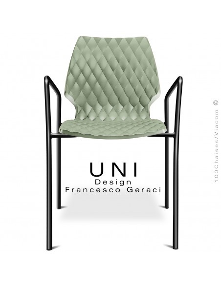 Fauteuil UNI, piétement finition peint noir, assise coque plastique couleur effet matelassé, couleur vert pistache.